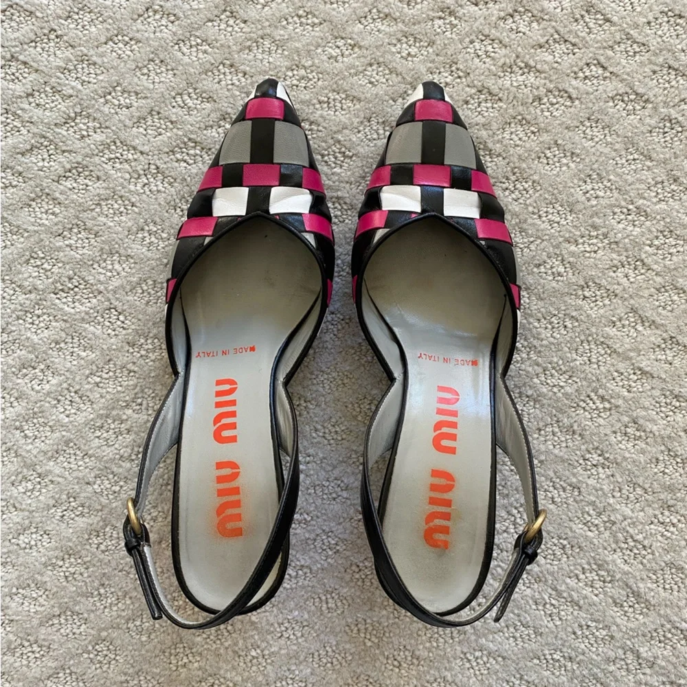 🎉HP🎉  MIU MIU slingback woven leather kitten heel pumps, size EU 36 - Picture 4 of 11
